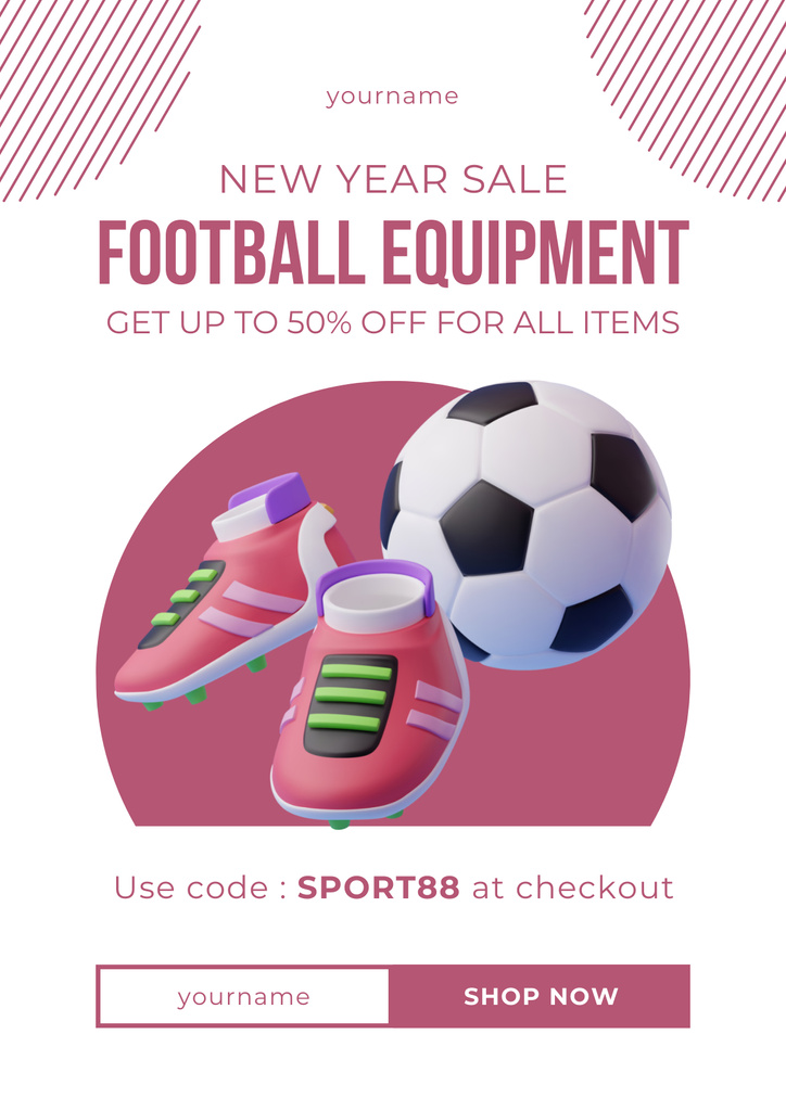 New Year’s Sale of Sports Equipment with Ball and Shoes Poster Tasarım Şablonu