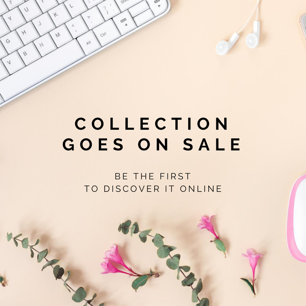 Collection Sale Offer with Keyboard and Headphones on Pink Instagram Modelo de Design