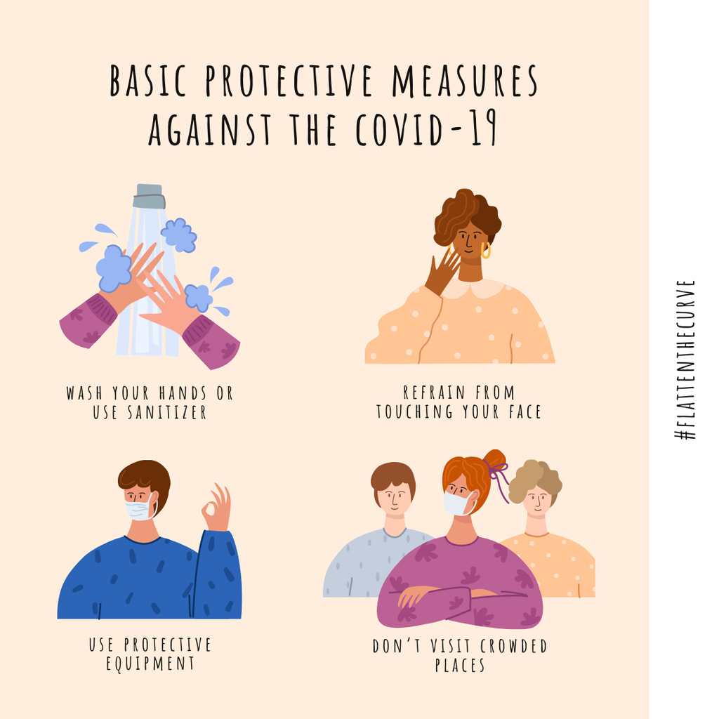 Modèle de visuel #FlattenTheCurve of Coronavirus with Protective measures instruction - Instagram
