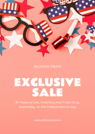 Oferta de venda do Dia da Independência dos EUA com óculos e estrelas Postcard A6 Vertical Modelo de Design
