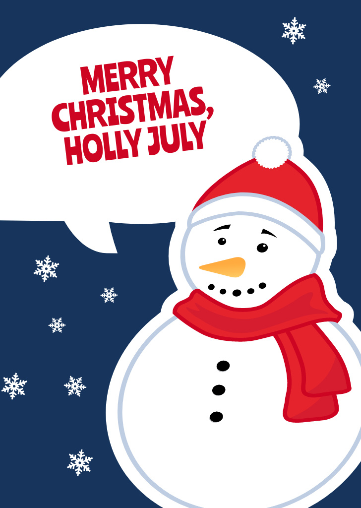 Cute Snowman For Christmas In July Congrats Postcard A6 Vertical Šablona návrhu