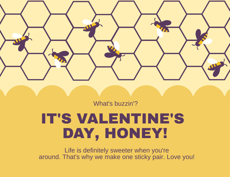 Happy Valentine's Day Greeting with Bees in Yellow Thank You Card 5.5x4in Horizontal Design Template