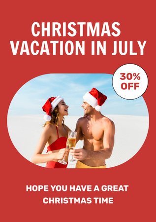Christmas Holiday in July with Young Couple on Seashore Flyer A5 Design Template