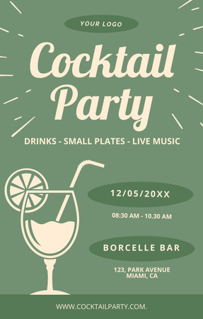 Alcohol Cocktails Party's Ad on Green Invitation 4.6x7.2in Design Template