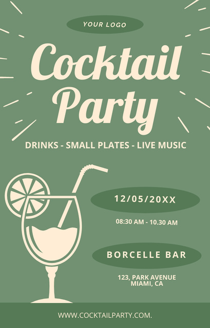 Alcohol Cocktails Party's Ad on Green Invitation 4.6x7.2in Tasarım Şablonu