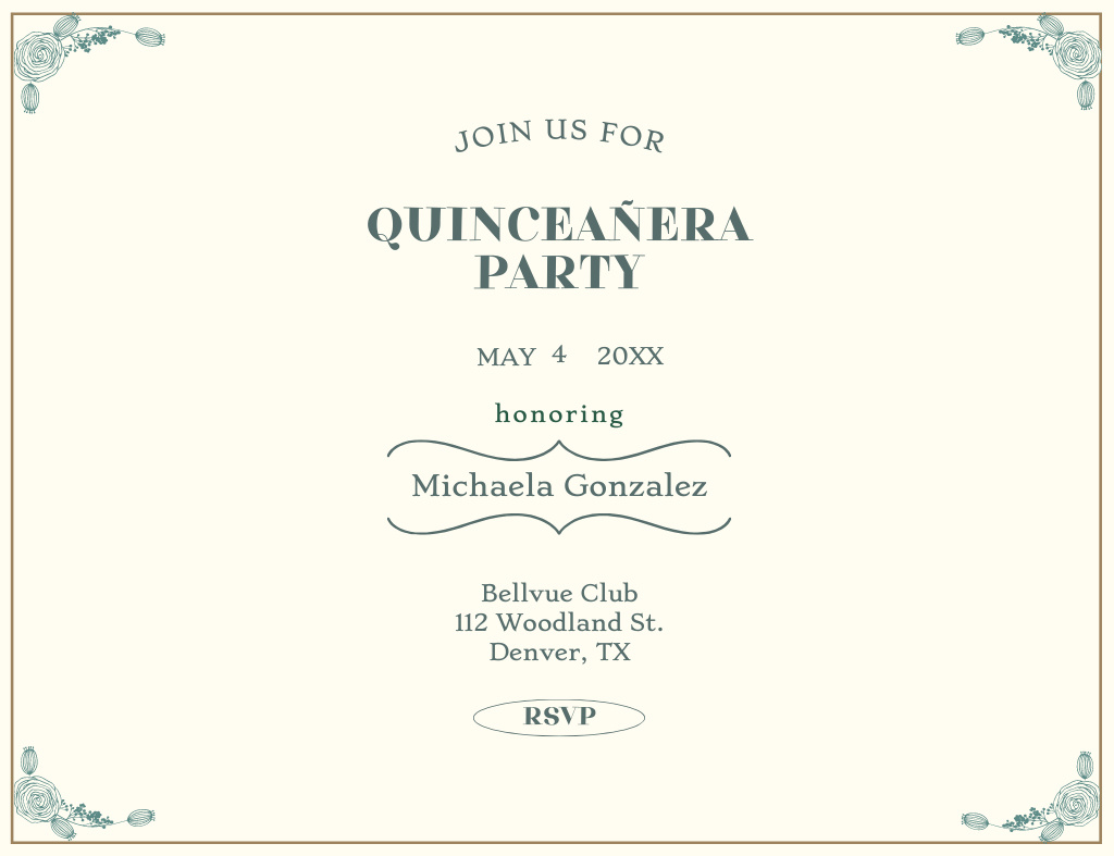 Celebration Quinceañera Announcement With Ornament Invitation 13.9x10.7cm Horizontal Design Template