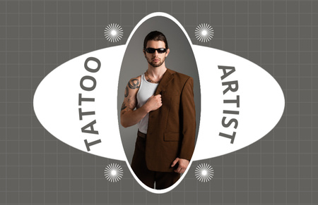 Creative Tattoo Artist Service Offer In Gray Business Card 85x55mm Design Template