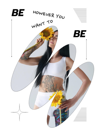 Önszeretet inspiráció gyönyörű nővel és napraforgókkal Poster US tervezősablon