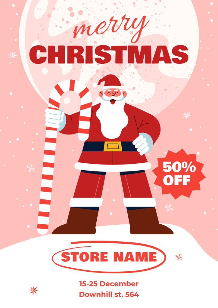 Cartoon Santa on Christmas Sale Offer Red Poster Design Template