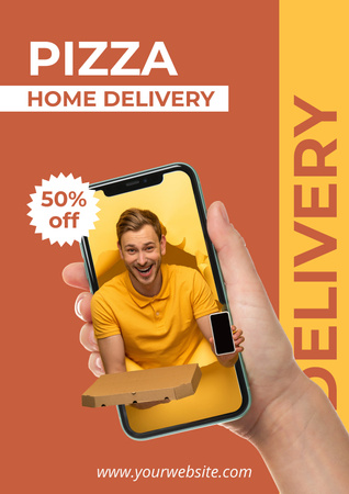 Ordering Pizza Delivery via Smartphone App Poster Design Template