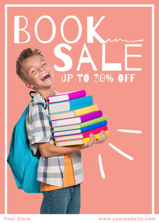 Schoolboy with Stack of Textbooks for Books Sale Flayer Design Template