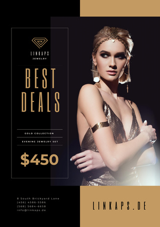 Jewelry Sale with Woman in Golden Accessories Poster A3 Design Template
