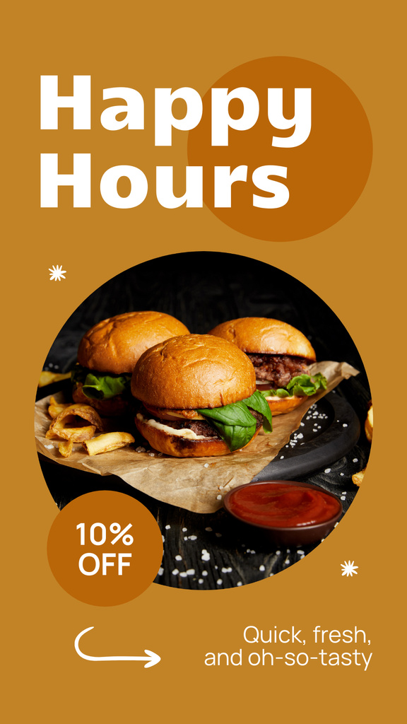 Ontwerpsjabloon van Instagram Story van Happy Hours Ad with Delicious Burgers