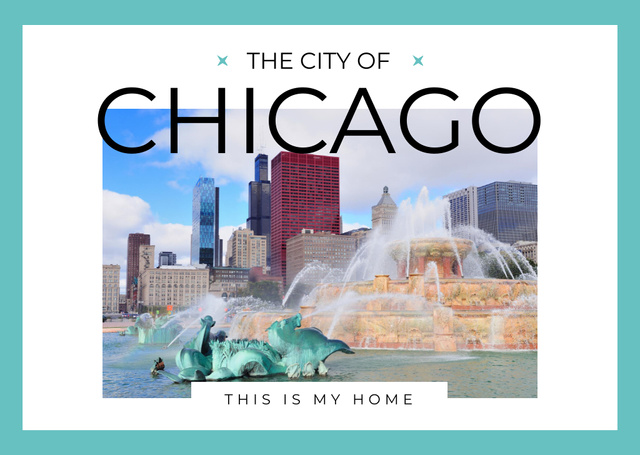 Chicago City View in Blue Frame Postcard Design Template