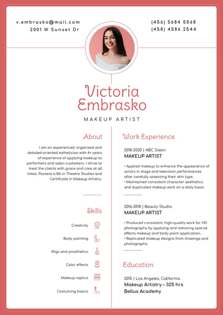 Makeup artist skills and experience Resume Modelo de Design
