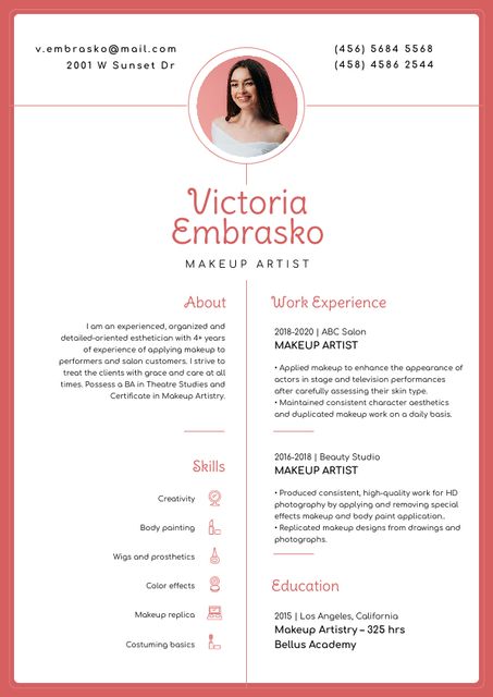 Makeup artist skills and experience Resume Modelo de Design