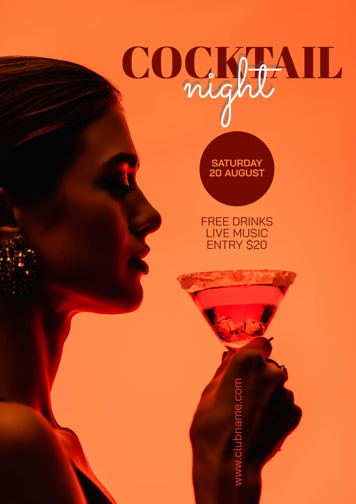 Cocktail Night Announcement with Girl holding Wineglass Poster Tasarım Şablonu