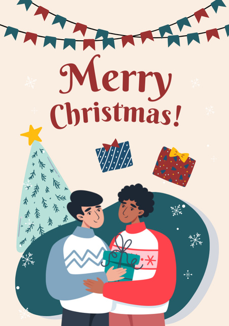 Gay Couple Celebrating Christmas Postcard A5 Vertical Design Template
