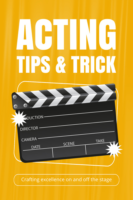 Acting Tricks and Tips with Clapperboard on Yellow Pinterest Design Template