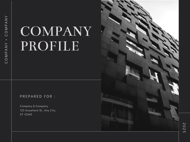 Company Profile Description with Black Office Building Presentationデザインテンプレート
