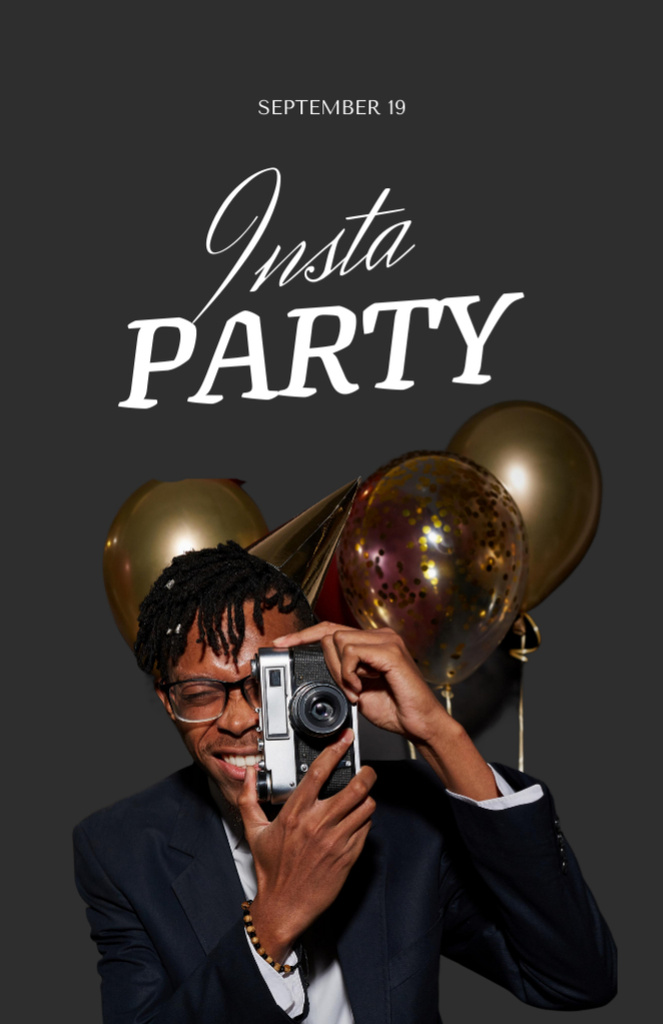 Vibrant Party Announcement with Man Holding Camera Flyer 5.5x8.5in tervezősablon