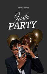 Vibrant Party Announcement with Man Holding Camera