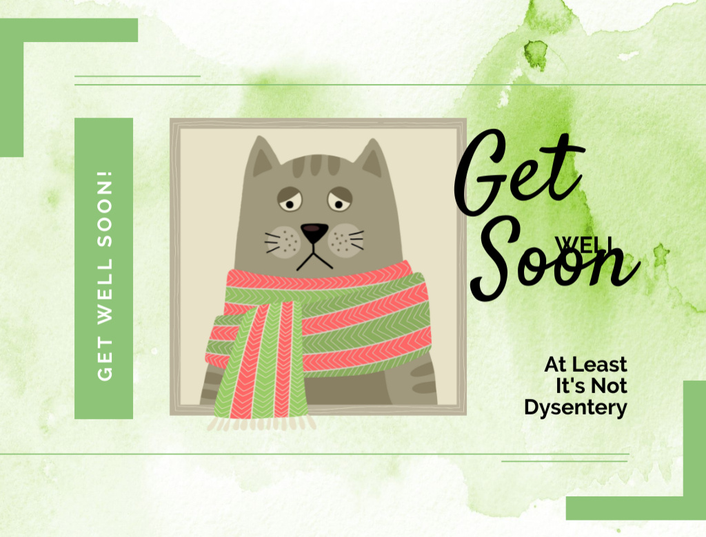 Sad Sick Cat With Scarf Illustration And Words Of Support Postcard 4.2x5.5in Design Template