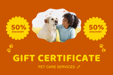 Plantilla de diseño de Cupón de descuento en productos para el cuidado de mascotas en Orange Gift Certificate 