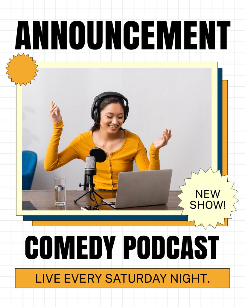 Comedy Podcast with Asian Woman in Headphones Instagram Post Verticalデザインテンプレート