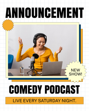 Plantilla de diseño de Podcast de comedia con mujer asiática con auriculares Instagram Post Vertical 