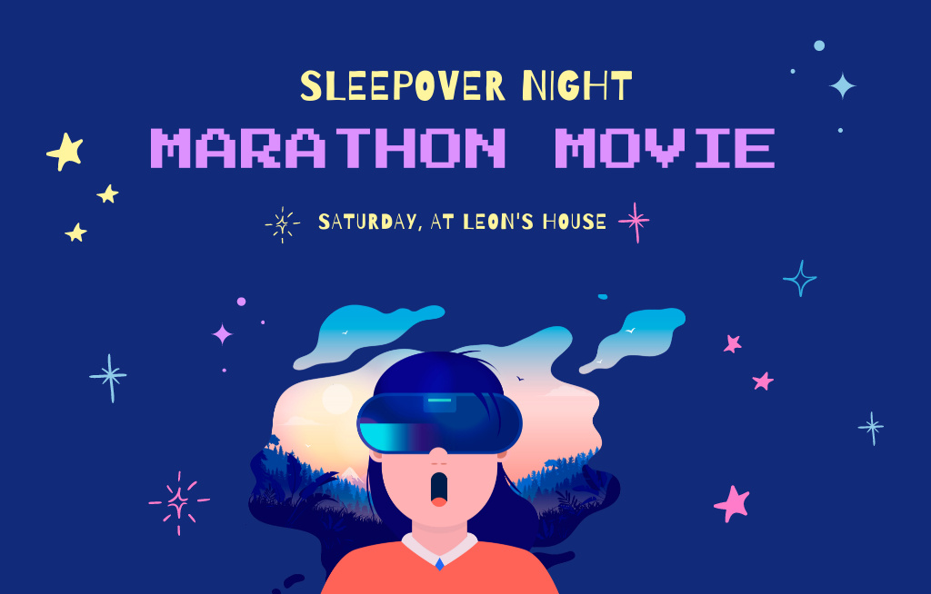 Exciting Sleepover Night With Movie Marathon Invitation 4.6x7.2in Horizontal – шаблон для дизайну
