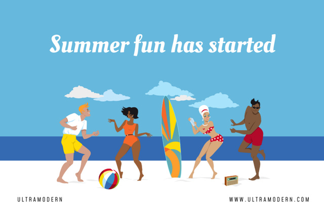 Illustrated People Having Fun On Beach In Summer Postcard 4x6in – шаблон для дизайна