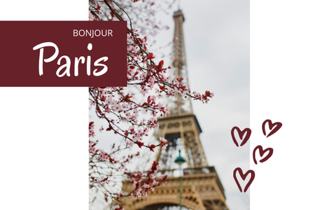 Romantic Tour to Paris Offer With Hearts And Blooming Tree Postcard 4x6in Design Template