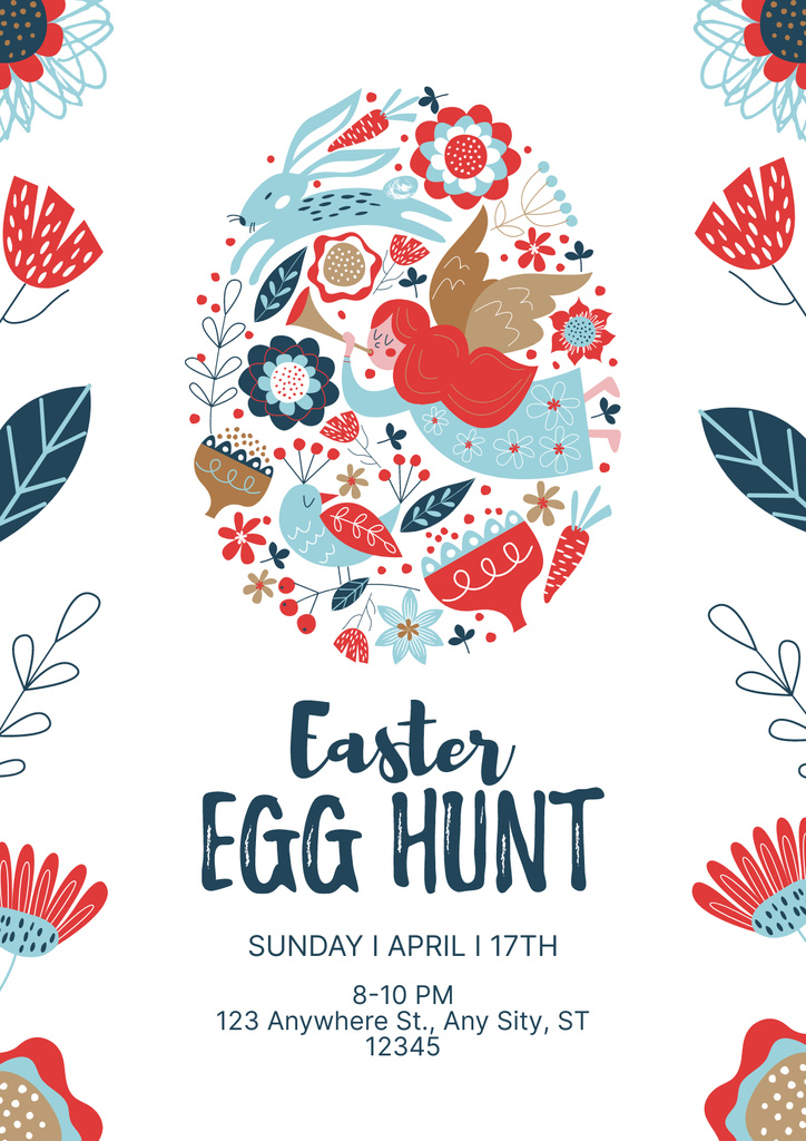 Easter Egg Hunt Announcement with Colorful Floral Egg Poster Πρότυπο σχεδίασης