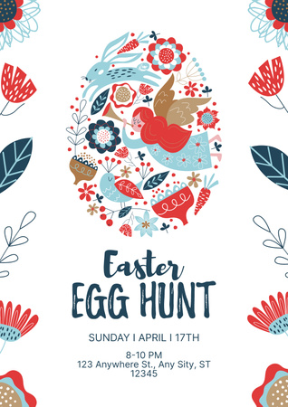 Easter Egg Hunt Announcement with Colorful Floral Egg Poster Design Template