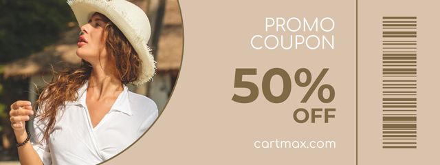 Promo Discount Voucher with Woman in Hat Coupon Design Template