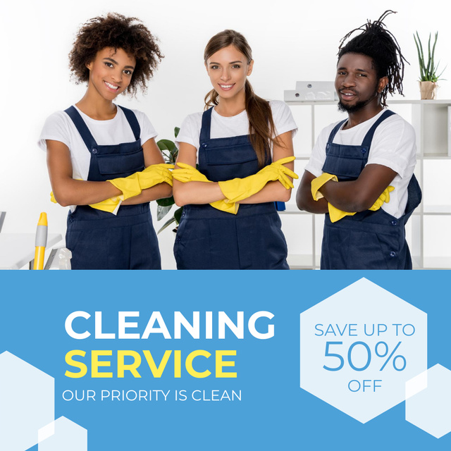 Smiling Cleaning Service Workers Instagram AD Modelo de Design
