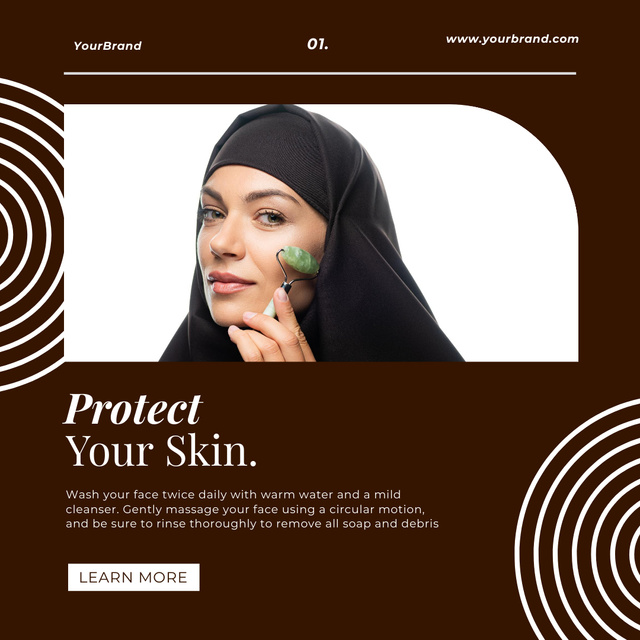 Islamic Woman Using Jade Roller for Facial Massage Instagram Tasarım Şablonu