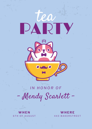 Tea Party Announcement with Cat Invitation Design Template