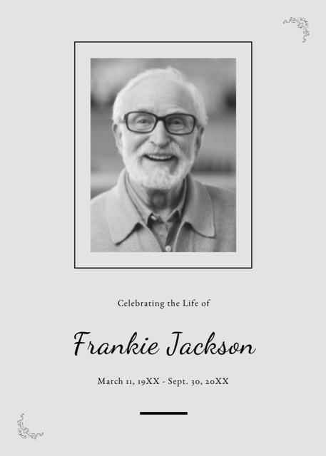 Funeral Service Invitation with Photo of Nice Old Man Postcard 5x7in Vertical Design Template