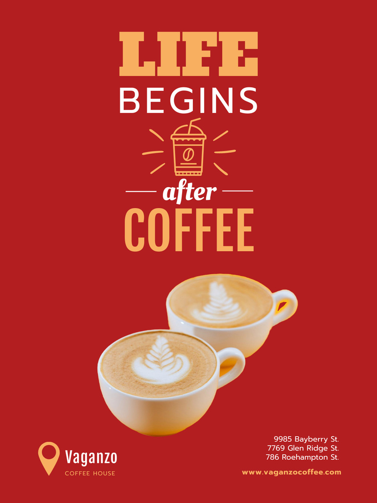 Coffee Quote About Life With Cups in Red Poster US Design Template
