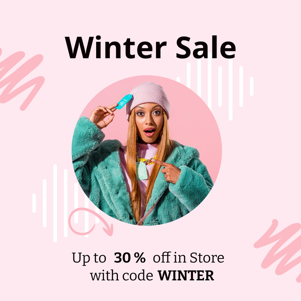 Designvorlage Seasonal discount with Surprized Young Woman für Instagram AD