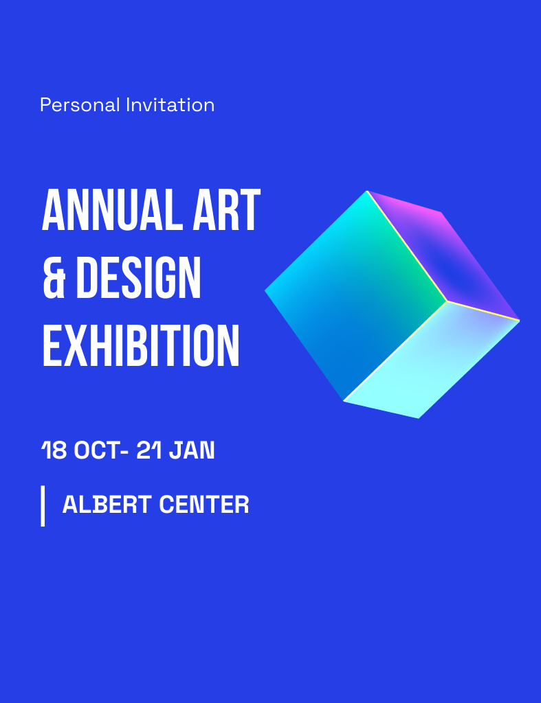 Plantilla de diseño de Art and Design Exhibition Announcement on Blue Invitation 13.9x10.7cm 