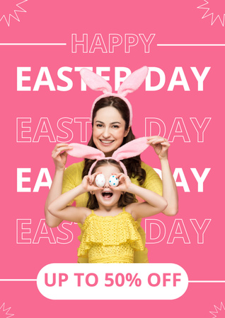 Plantilla de diseño de Oferta de descuento de Pascua con madre feliz tocando orejas de conejo de hija Poster 