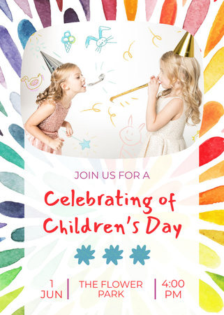 Children's Day Celebration with Girls with Noisemakers Invitation Design Template