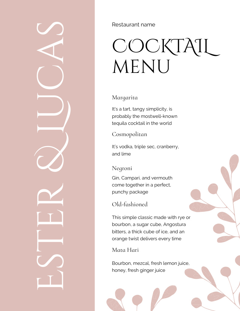 Designvorlage Wedding Cocktails List on Elegant Pastel Pink für Menu 8.5x11in