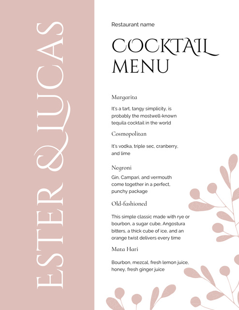 Wedding Cocktails List on Elegant Pastel Pink Menu 8.5x11in Šablona návrhu