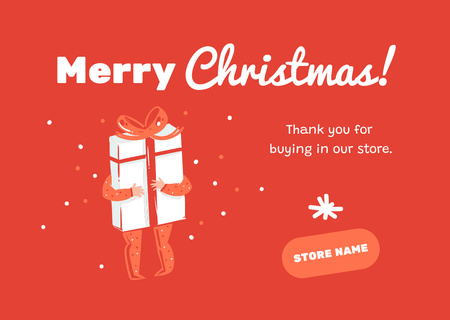 Platilla de diseño Gleeful Christmas Greetings with Cute Gift In Red Postcard