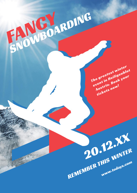 Snowboard Event Announcement with Man riding in Snowy Mountains Poster Modelo de Design