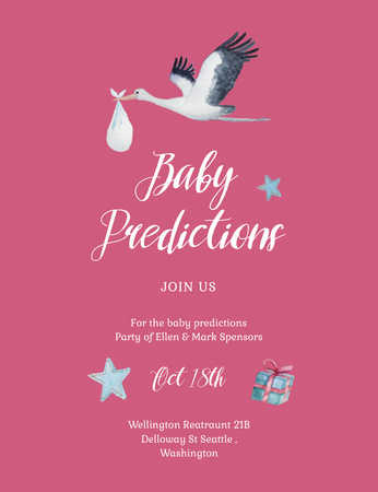 Template di design annuncio baby shower con cicogna che trasporta bambino Invitation 13.9x10.7cm